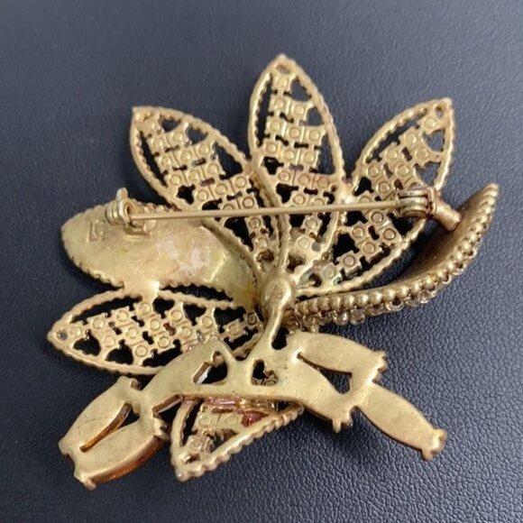Liz Claiborne Vintage Crystal Flower Brooch - Gold/Amber/Diamanté, 3”x 2.5” - Picture 3 of 7